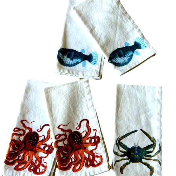5 Pottery Barn Playa Sea Life Napkins Octopus Crab Puffer Fish 20 " Linen Beach - Picture 1 of 11